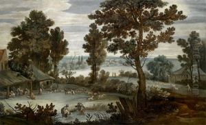 Eine Weite Flusslandschaft Mit Bauern Beim Schafscheren by Pietro Paolo Bonzi