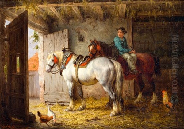 Boerenjongen Met Werkpaarden In Een Stal - view 1