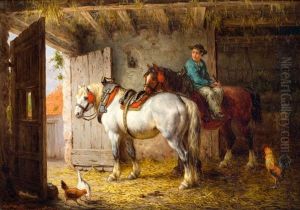 Boerenjongen Met Werkpaarden In Een Stal
