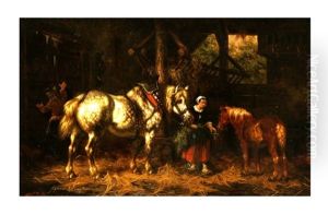 Feeding Horses In A Barn by Willem Jacobus Boogaard