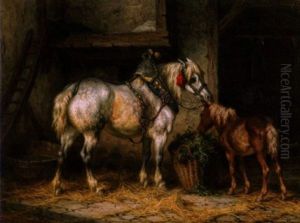 Apfelschimmel Und Fohlen Im Stall by Willem Jacobus Boogaard