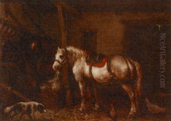 Stable Interior With Horses And A Dog - view 1