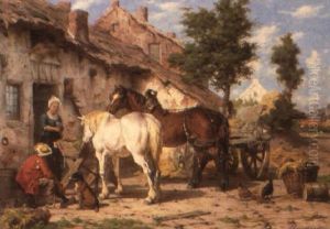 Resting Horses In A Farm Yard