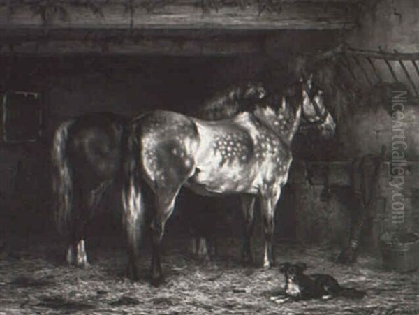 Stable Interior With Horses And A Dog - view 1