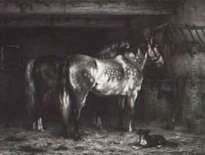 Stable Interior With Horses And A Dog by Willem Jacobus Boogaard