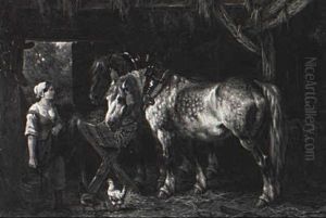 Stable Interior With Horses Feeding And A Peasant Woman Stable Interior With Horses Feeding And A Peasant Woman
