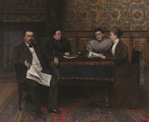 Portrait D'une Famille A Table Dans Un Interieur Bourgeois - view 1