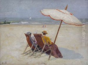 Vue D'une Plage Animee De Deux Femmes Sous Un Parasol by Karel Boom