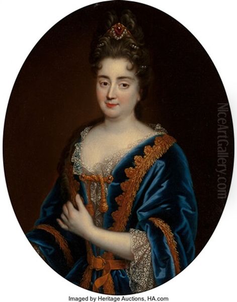A Portrait Of A Lady, Half-length, Wearing A Blue Dress Trimmed With - view 1