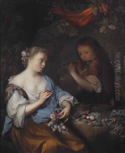 A Seated Young Woman Fashioning A Garland Of Flowers With A Boy Playing A Flute, In A Wooded Landscape - view 1