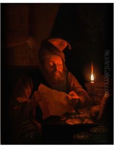 Bartiger Geldwechsler Bei Der Lekture Bei Kerzenlicht