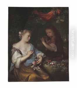 A Young Woman Making A Garland Of Flowers And A Boy Playing The Flute To Her In A Wooded Landscape by Arnold Boonen