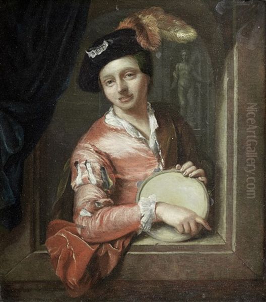 A Young Boy Holding A Tambourine, At An Arched Window - view 1