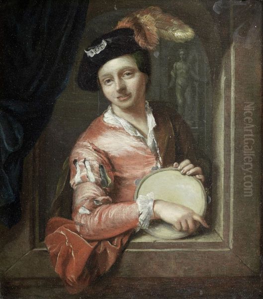 A Young Boy Holding A Tambourine, At An Arch - view 1