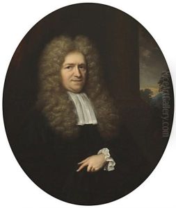A Portrait Of A Gentleman, Half-length, Before A Pillar With A Landscape Beyond And A Portrait Of A Lady, Half-length, In White With A Blue Robe (pair)