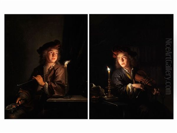 Knabe Mit Langer Meerschaumpfeife Vor Einem Kerzenlicht (+ Knabe Mit Einer Violine Bei Kerzenlicht; Pair) - view 1