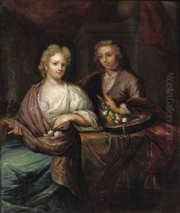 An Elegant Couple Seated At A Table, Holding Garlands Of Flowers An Elegant Couple Seated At A Table, Holding Garlands Of Flowers