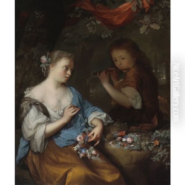 A Young Boy Playing A Flute To A Young Woman Making A Garland Of Flowers In A Wooded Landscape - view 1