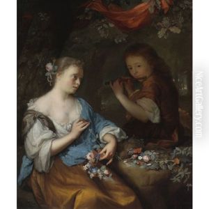 A Young Boy Playing A Flute To A Young Woman Making A Garland Of Flowers In A Wooded Landscape by Arnold Boonen