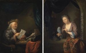 A Moneylender Reading A Letter At A Table (+ A Lady Feeding A Parrot; Pair)