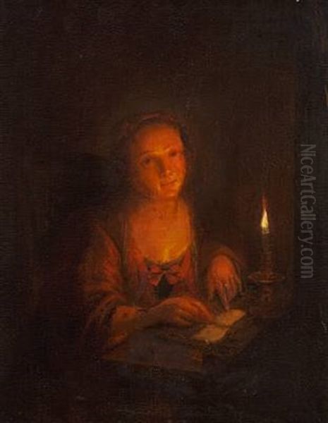 Interior With A Girl Reading By Candlelight - view 1