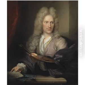 Portrait Of Jan Van Huysum, Standing Behind A Stone Pedestal, A Palette And Paint Brushes In His Left Hand, A Drawing Of A Bouquet Of Flowers In His Other Hand, A Drawing Of A Landscape Beneath by Arnold Boonen
