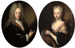 Portrait Of A Gentleman In A Gold Embroidered Waistcoat, A Purple Velvet Wrap With Chemise, Cravat And A Wig  (+ Portrait Of A Lady In A Yellow Silk Dress And Blue Velvet Wrap; Pair) by Arnold Boonen