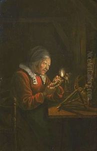 Alte Frau Mit Spindel Bei Kerzenschein by Arnold Boonen