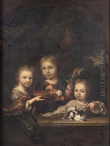 Portrait Of Three Children (joan, Agathea Lavina And Anna Elisabeth Geelvinck?) One Holding A Bowl, Another A Flower Wreath And The Smallest Stroking A Dog, A Landscape Beyond Portrait Of Three Children (joan, Agathea Lavina And Anna Elisabeth Geelvinck?) One Holding A Bowl, Another A Flower Wreath And The Smallest Stroking A Dog, A Landscape Beyond