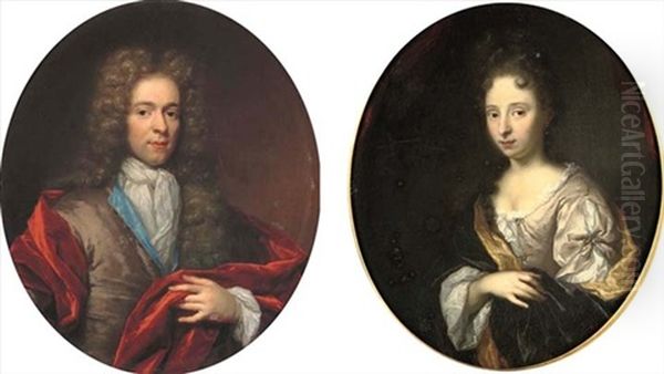 Portrait Of A Gentleman Wearing A Grey Jacket (+ Portrait Of A Lady Wearing A Grey Satin Dress With A Black Satin Shawl With Gold-coloured Lining; Pair) - view 1