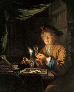 A Candlelit Interior With A Young Man Seated At A Table And Holding A Roemer