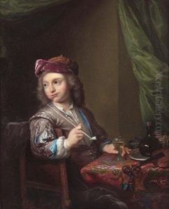 A Boy Seated At A Table Smoking A Pipe With His Hand Resting On A Roemer