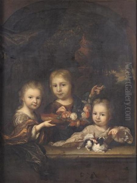 Portrait Of Three Children (joan, Agathea Lavina And Anna Elisabeth Geelvinck?), One Holding A Bowl, Another A Flower Wreath And The Smallest Stroking A Dog - view 1