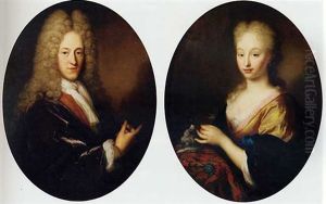 Portrait Of A Gentleman, Half-length, In A Gold-embroidered Waistcoat, A Purple Velvet Cloak With Chemise, Cravat And A Wig (+ Portrait Of A Lady, Half-length, In A Yellow Silk Dress And A Blue Velvet by Arnold Boonen