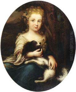 Portrait Of A Girl Wearing A Gold Embroidered Blue Dress With White Silk Wrap, Holdering Her Pet Dog