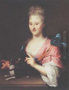A Portrait Of A Lady Wearing A Pink And White Dress With A Blue Shawl, With A Dog On A Table