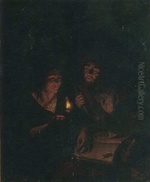 A Man And A Woman Studying A Book By Candlelight - view 1