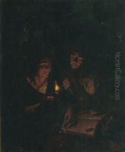A Man And A Woman Studying A Book By Candlelight by Arnold Boonen