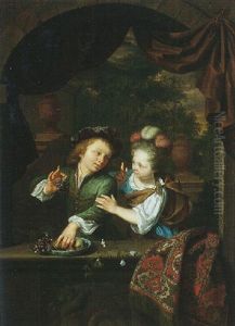 A Young Boy Taking Fruit From A Blue-and-white Porcelain Bowl And A Girl Rebuking Him