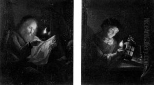 Eine Alte Frau Beim Anzunden Der Laterne by Arnold Boonen
