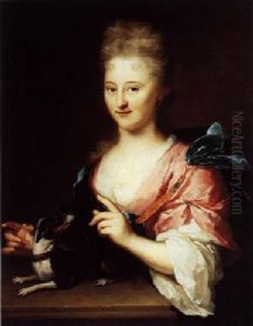 Portrait Of A Lady Wearing A Pink And White Dress With A Blue Shawl, Standing Behind A Stone Ledge With A Dog