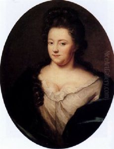 Portrait Of A Lady Wearing A White Silk Dress With Lace Chemise And Blue Wrap