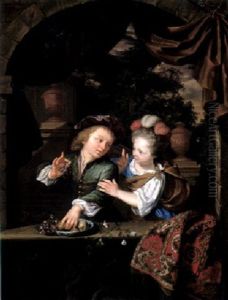A Boy Taking Fruit From A Porcelain Bowl, And A Girl Rebuking Him, Both Elegantly Dressed And Set Within A Stone Niche, A Garden Beyond by Arnold Boonen
