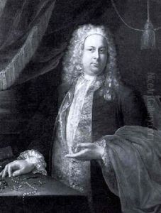 Portrait Of Jeweller, Standing By A Draped Column, Wearing A Brown Jacket, With Jewellery And Scales On A Table Nearby