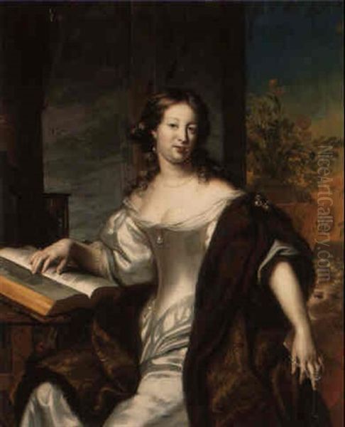 Portrait Of A Lady In A White Dress And Fur-lined Cape With A Book - view 1