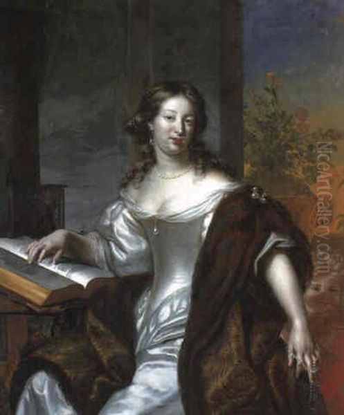 Portrait Of A Lady In A Fur-lined Cape Holding A Pearl Necklace At A Desk - view 1
