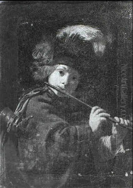 A Young Boy Wearing A Feathered Cap Playing A Flute - view 1