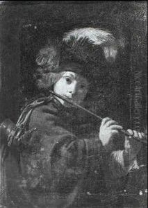 A Young Boy Wearing A Feathered Cap Playing A Flute