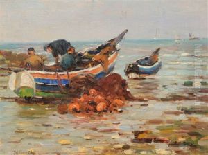 Whitby Cobbles And Figures On A Beach At Low Tide, Runswick by James William Booth