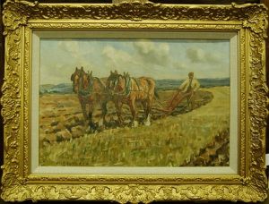 Famer Ploughing With Two Shire Horses